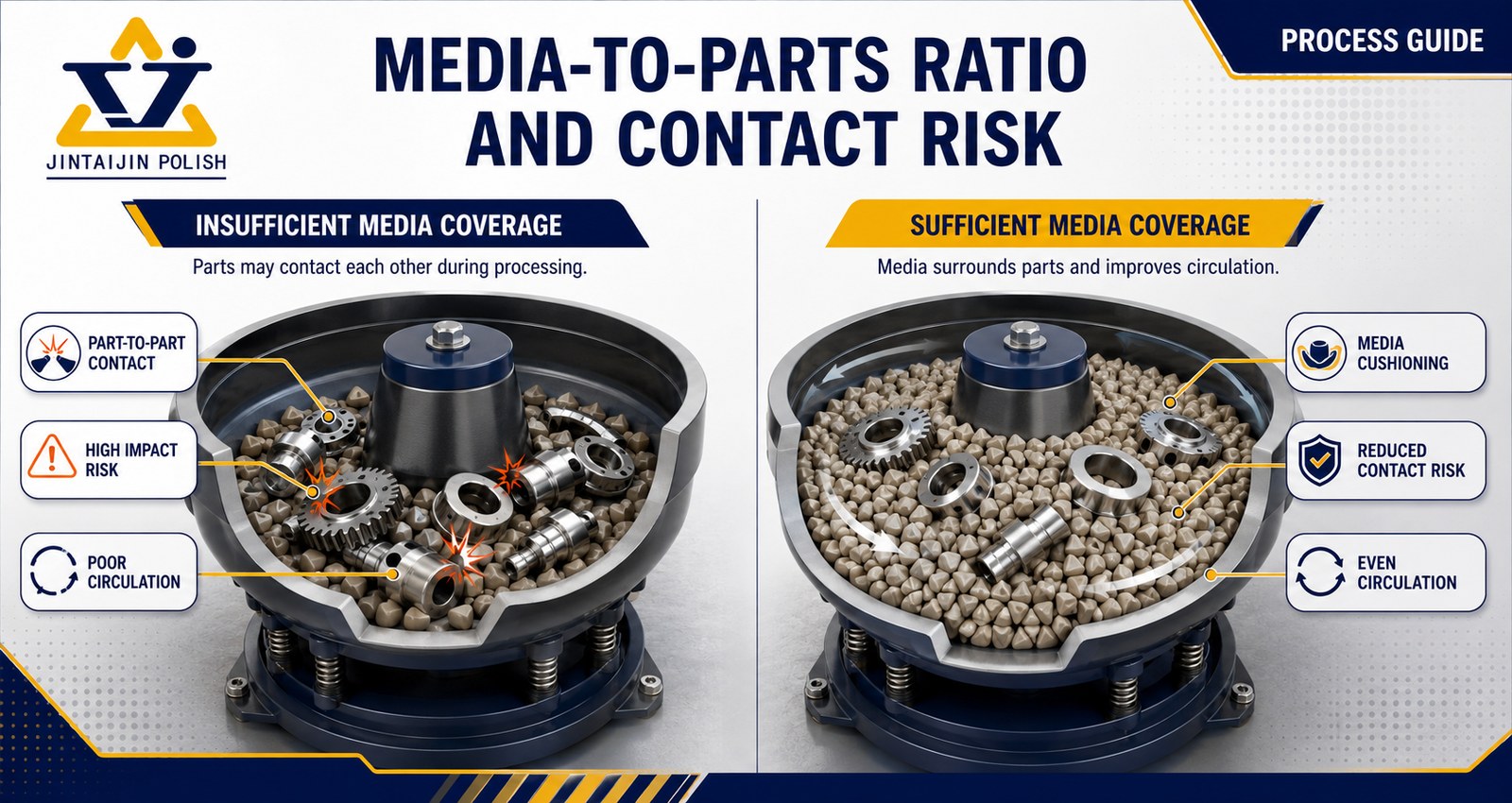Media to parts ratio and part contact risk in vibratory finishing