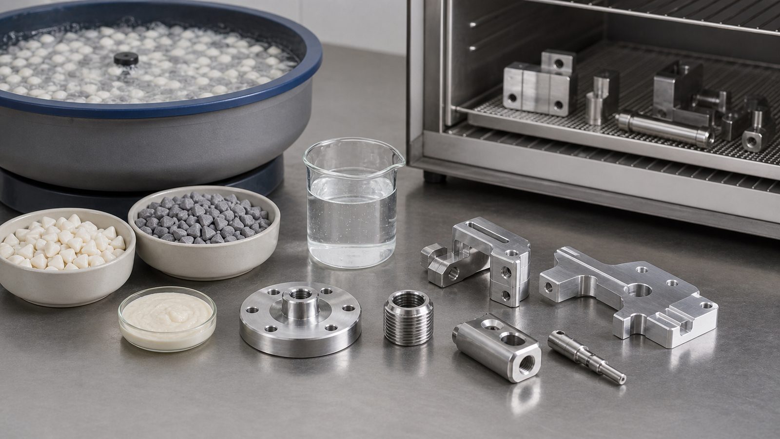 Wet vibratory finishing process with polished metal parts, media, compound, rinse water, and dryer