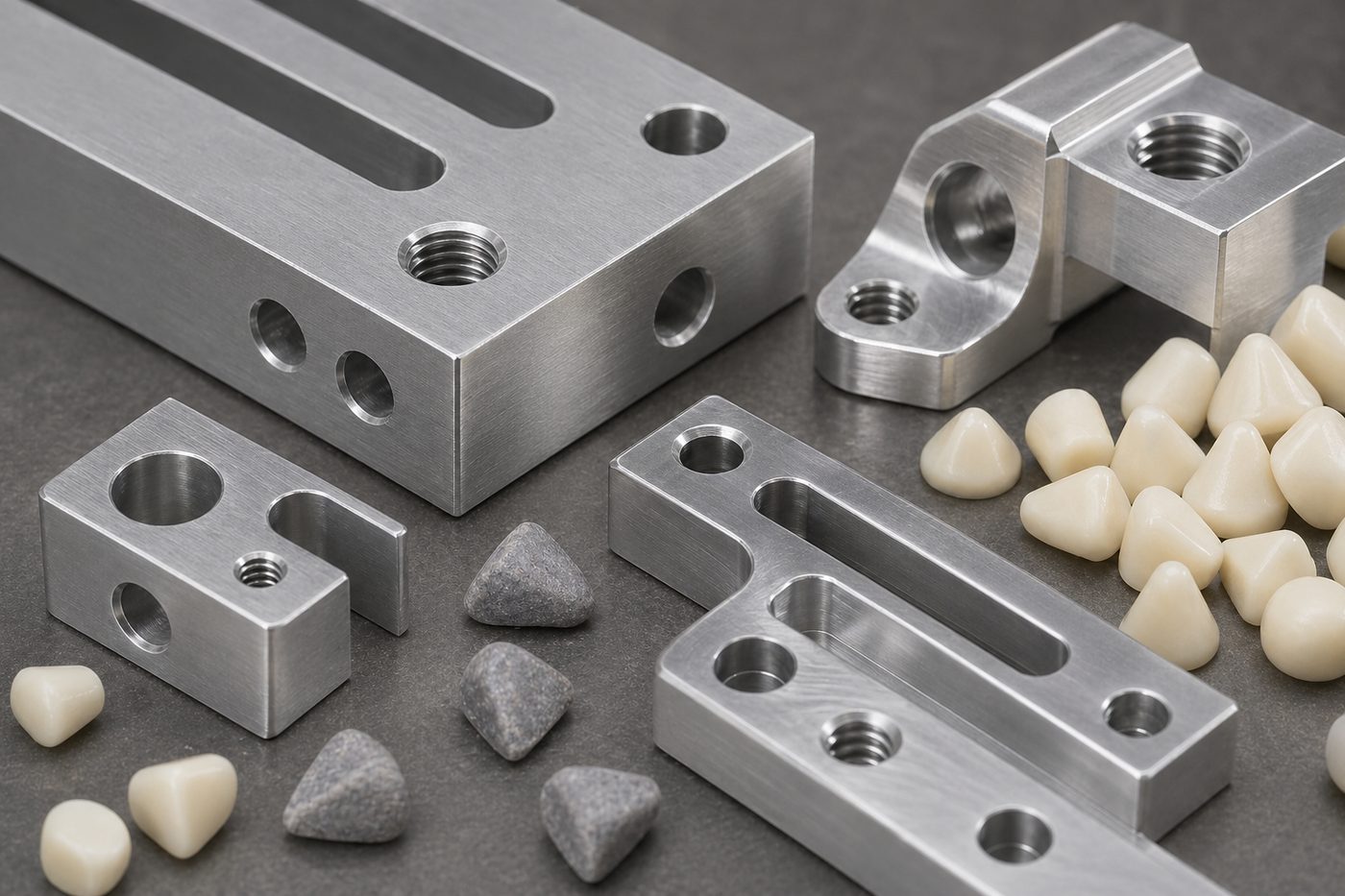 Close-up of CNC aluminum part edges, holes, slots, and tumbling media for gentle deburring