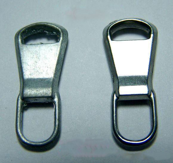 Real zipper pull hardware before and after polishing showing surface improvement and edge finishing