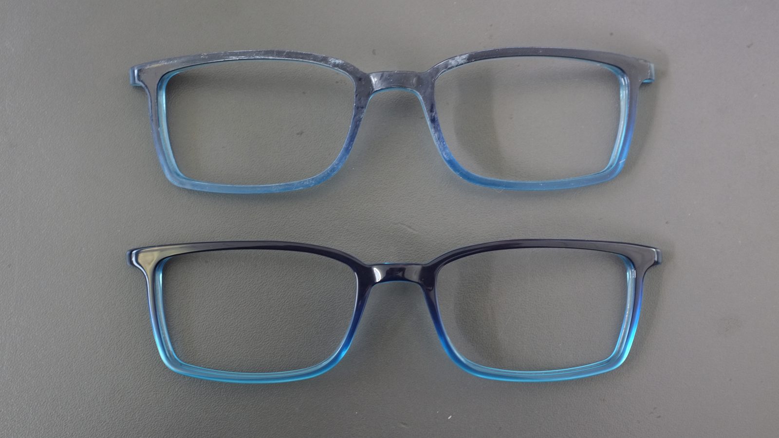 Real plastic eyeglass frames before and after polishing showing surface brightness improvement