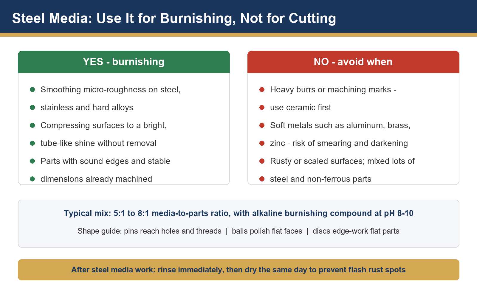 Steel media decision chart showing when to use burnishing and when to avoid steel media